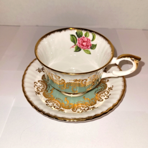 Vintage Paragon Teacup and Saucer Pink Cabbage Rose Teal Blue Gold